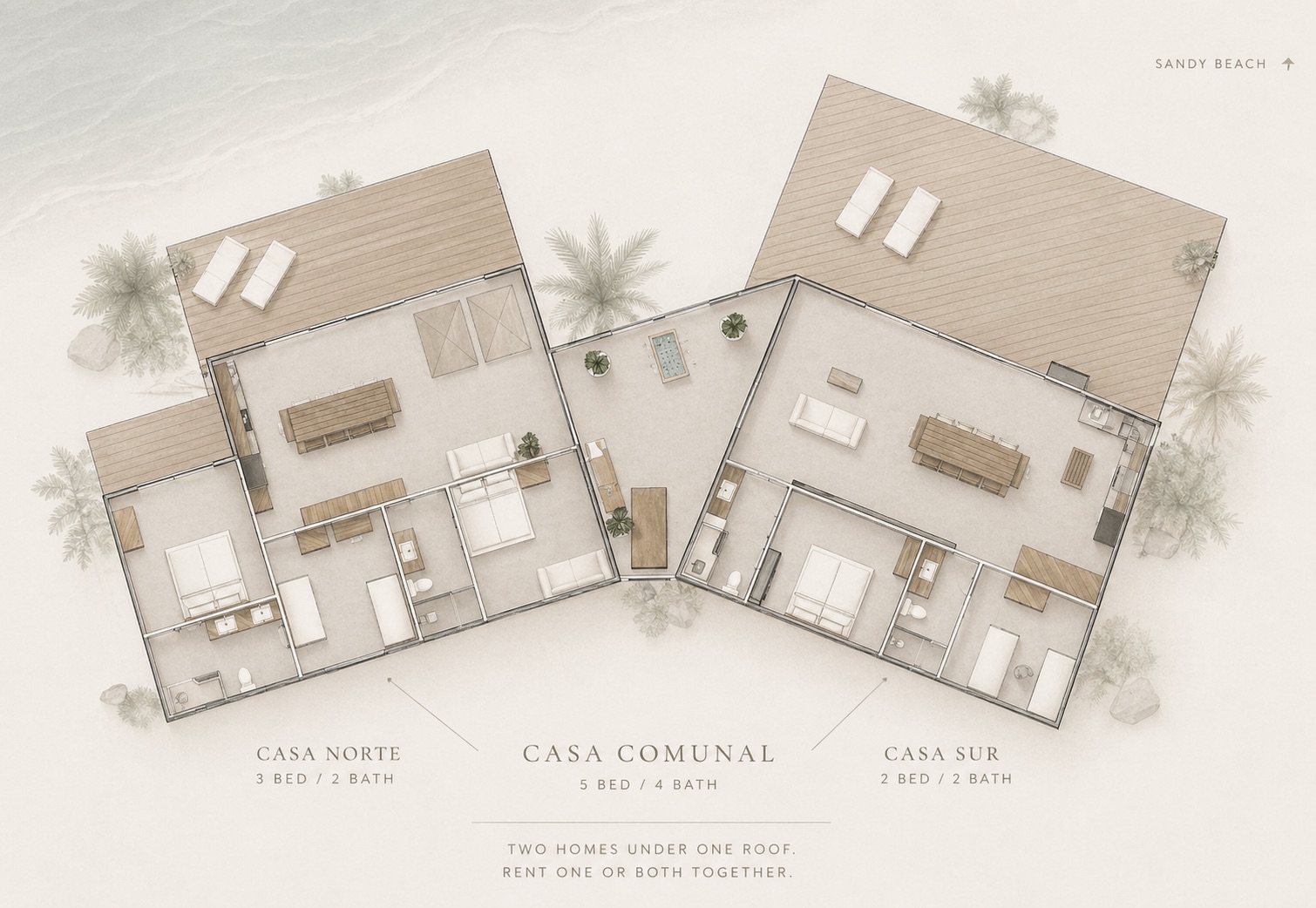 Casa Comunal Floorplan — Casa Norte 3bed/2bath and Casa Sur 2bed/2bath