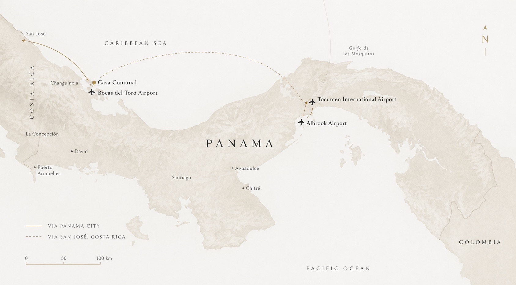 Map showing routes to Casa Comunal in Bocas del Toro, Panama